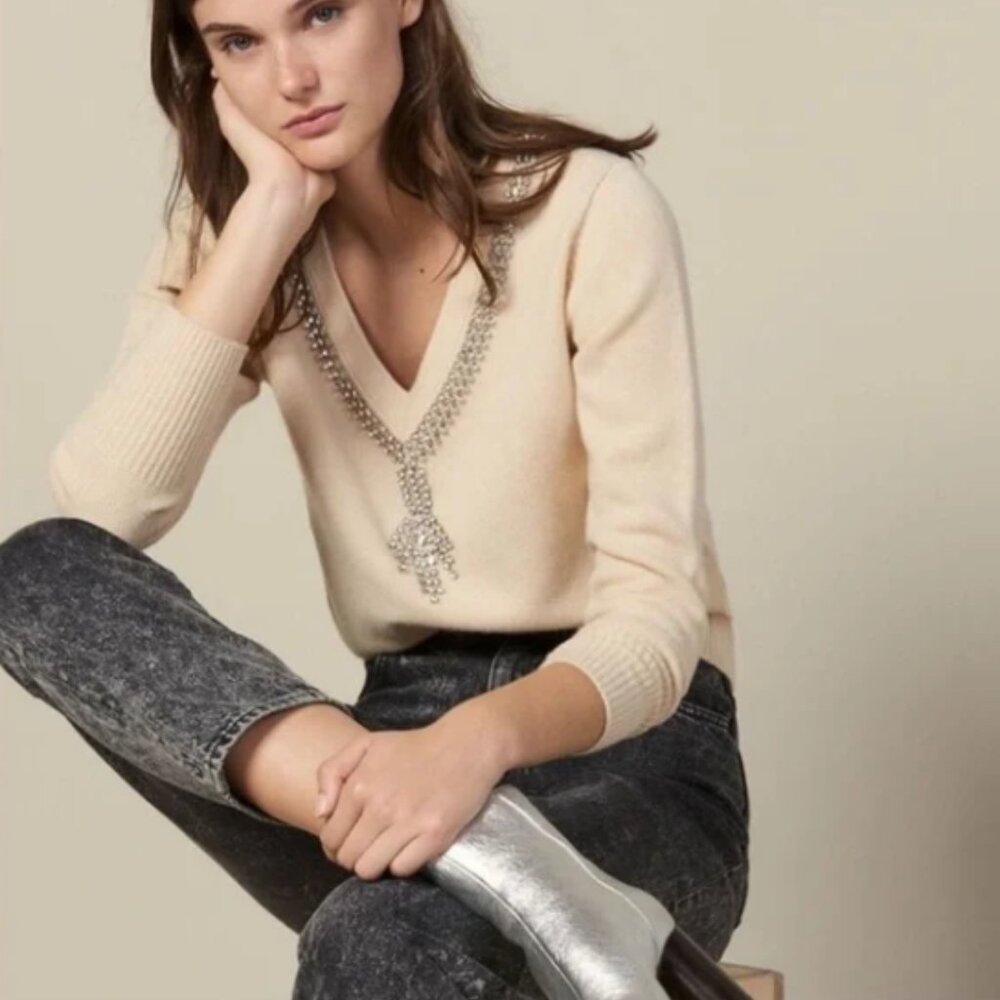 Sandro Paris Cream V-Neck Sweater with Rhinestone Neckline 2